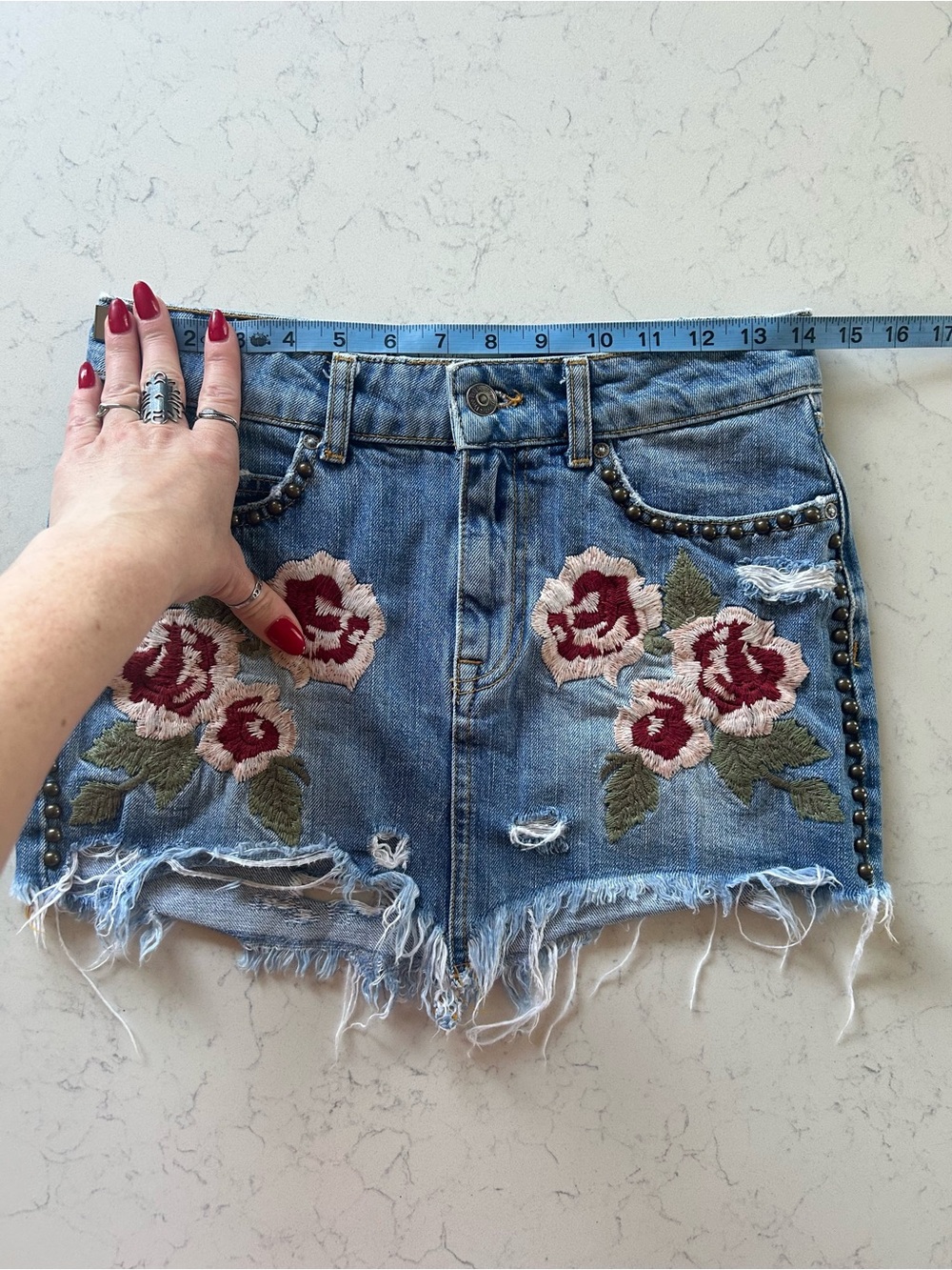 Free People Wild Rose Embroidered Studded Denim Mini Skirt - Picture 10 of 16